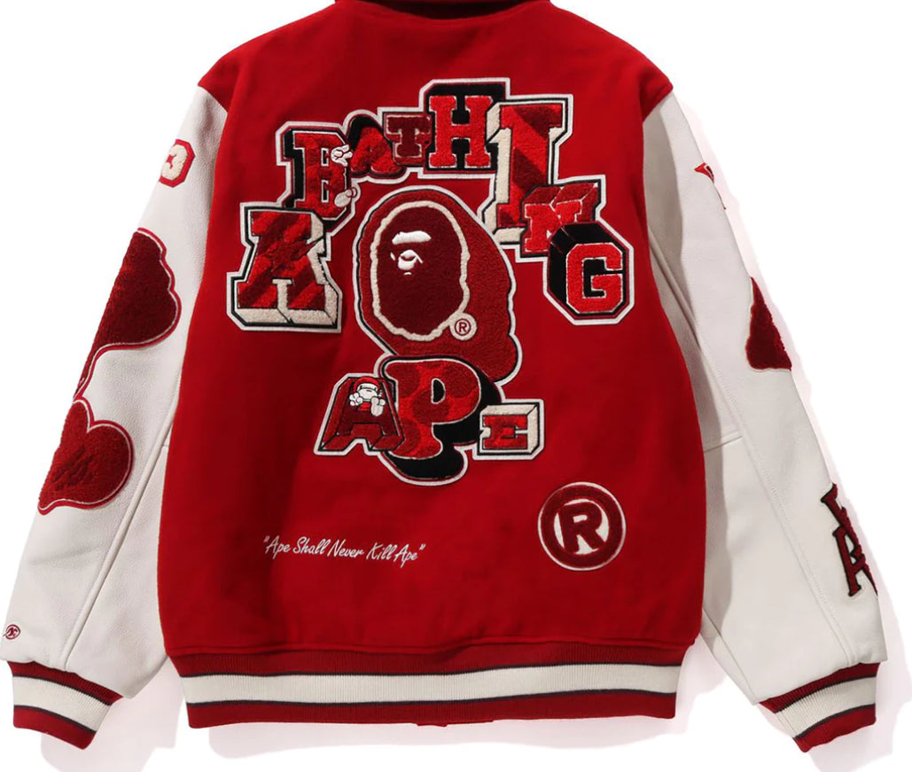 BAPE MULTI MOTIF VARSITY JACKET MENS RED