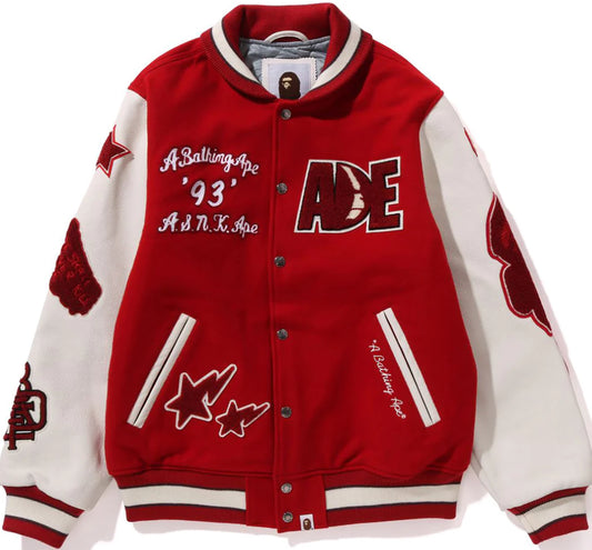 BAPE MULTI MOTIF VARSITY JACKET MENS RED