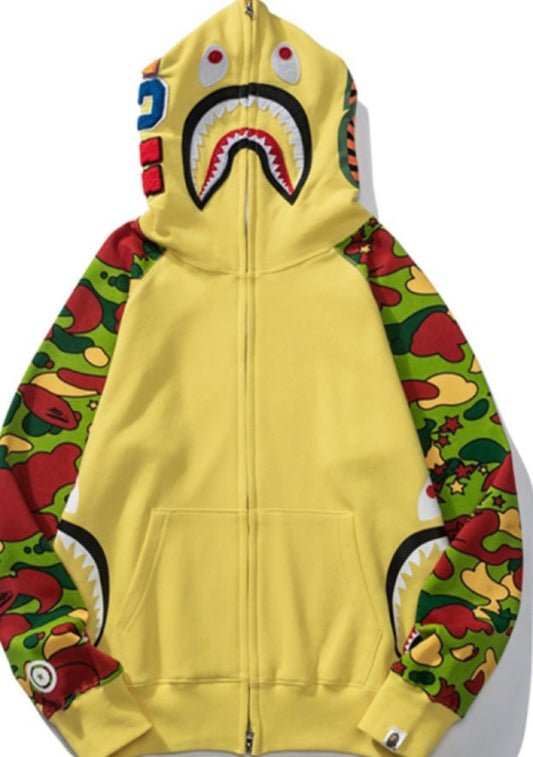 Bape Shark Head Sta Star Camouflage Patchwork Sweatshirt Hoodie Yellow