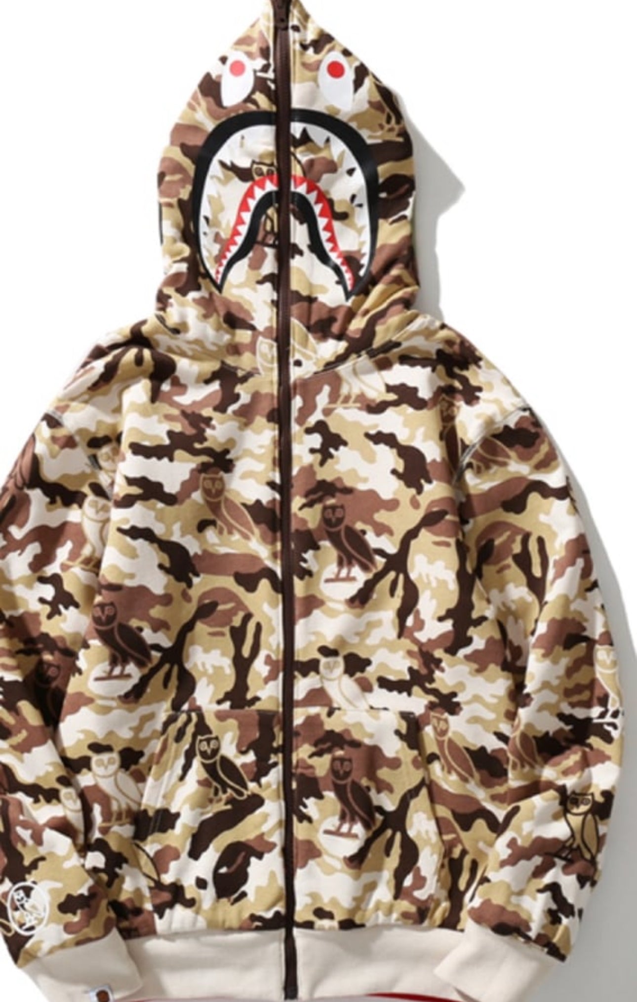 BAPE x OVO Woodland Camo Shark Reversible Full Zip Hoodie Red by