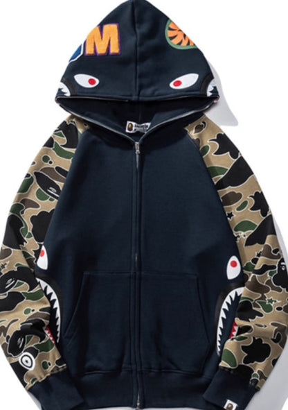 Bape Shark Head Sta Star Camouflage Patchwork Sweatshirt Hoodie Blue