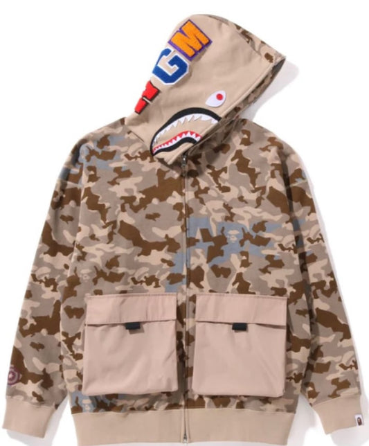 SAND CAMO BIG POCKET OVERSIZED SHARK FULL ZIP HOODIE