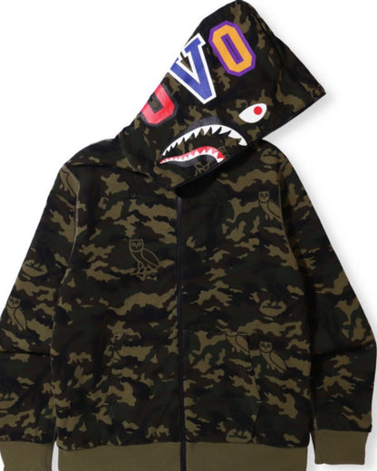 BAPE x OVO Woodland Camo Shark Reversible Full Zip Hoodie Black