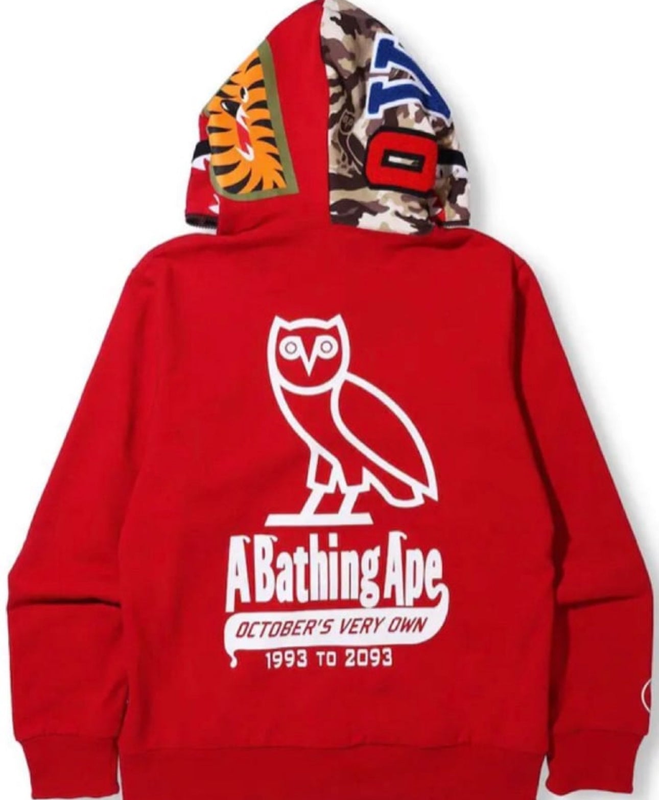 BAPE x OVO Woodland Camo Shark Reversible Full Zip Hoodie Red by