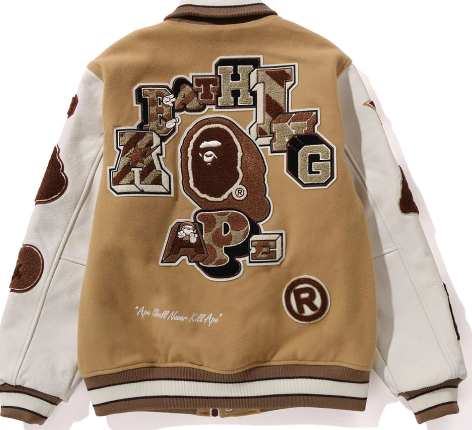 BAPE MULTI MOTIF VARSITY JACKET MENS BEIGE