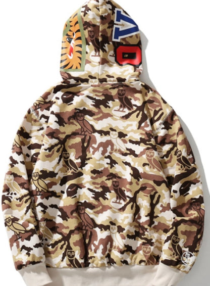 BAPE x OVO Woodland Camo Shark Reversible Full Zip Hoodie Red by