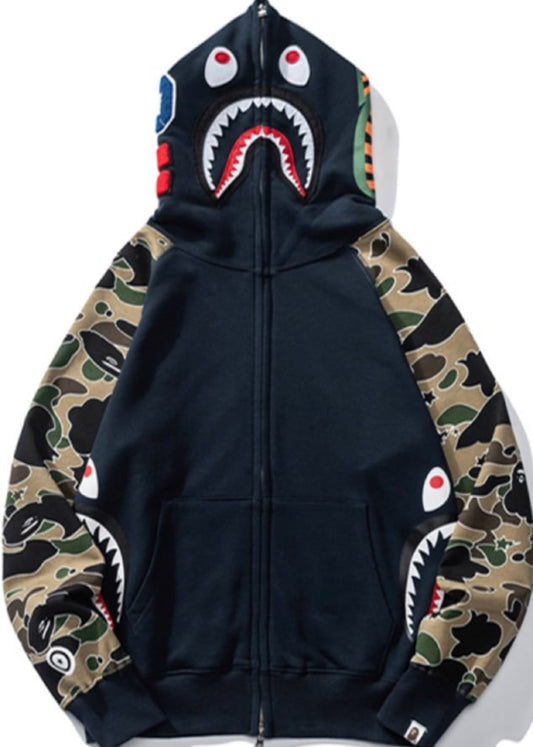 Bape Shark Head Sta Star Camouflage Patchwork Sweatshirt Hoodie Blue