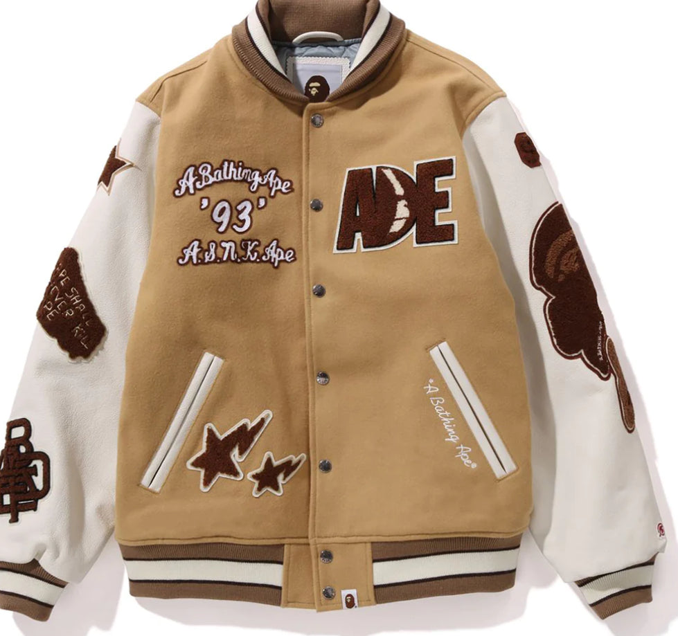 BAPE MULTI MOTIF VARSITY JACKET MENS BEIGE