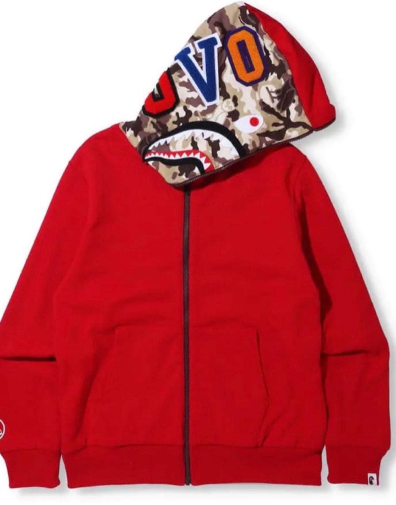 BAPE x OVO Woodland Camo Shark Reversible Full Zip Hoodie Red by