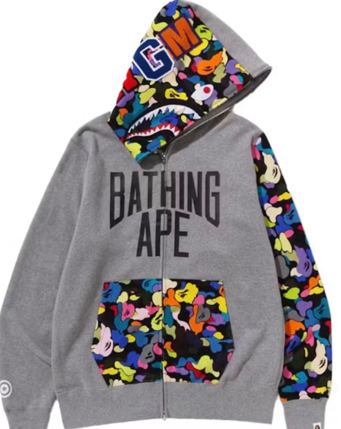 BAPE Multi Camo NYC Logo Shark Full Zip Hoodie Grey