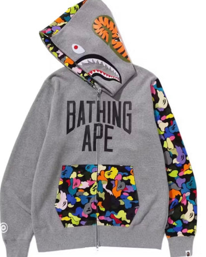 BAPE Multi Camo NYC Logo Shark Full Zip Hoodie Grey