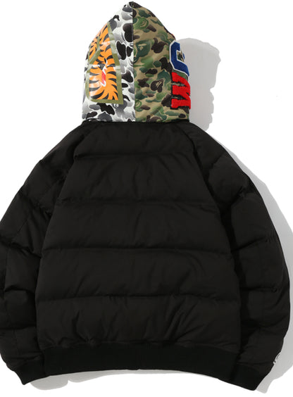 A BATHING APE CAMO PUFFER COAT HALF AND HALF HOOD