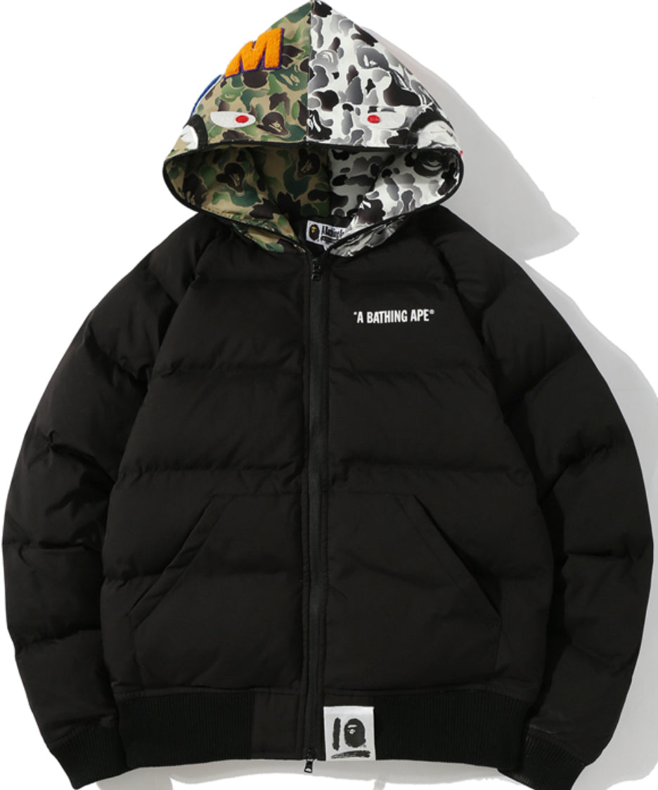 A BATHING APE CAMO PUFFER COAT HALF AND HALF HOOD