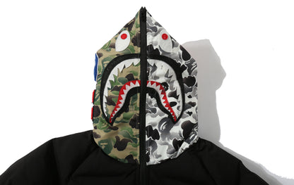 A BATHING APE CAMO PUFFER COAT HALF AND HALF HOOD